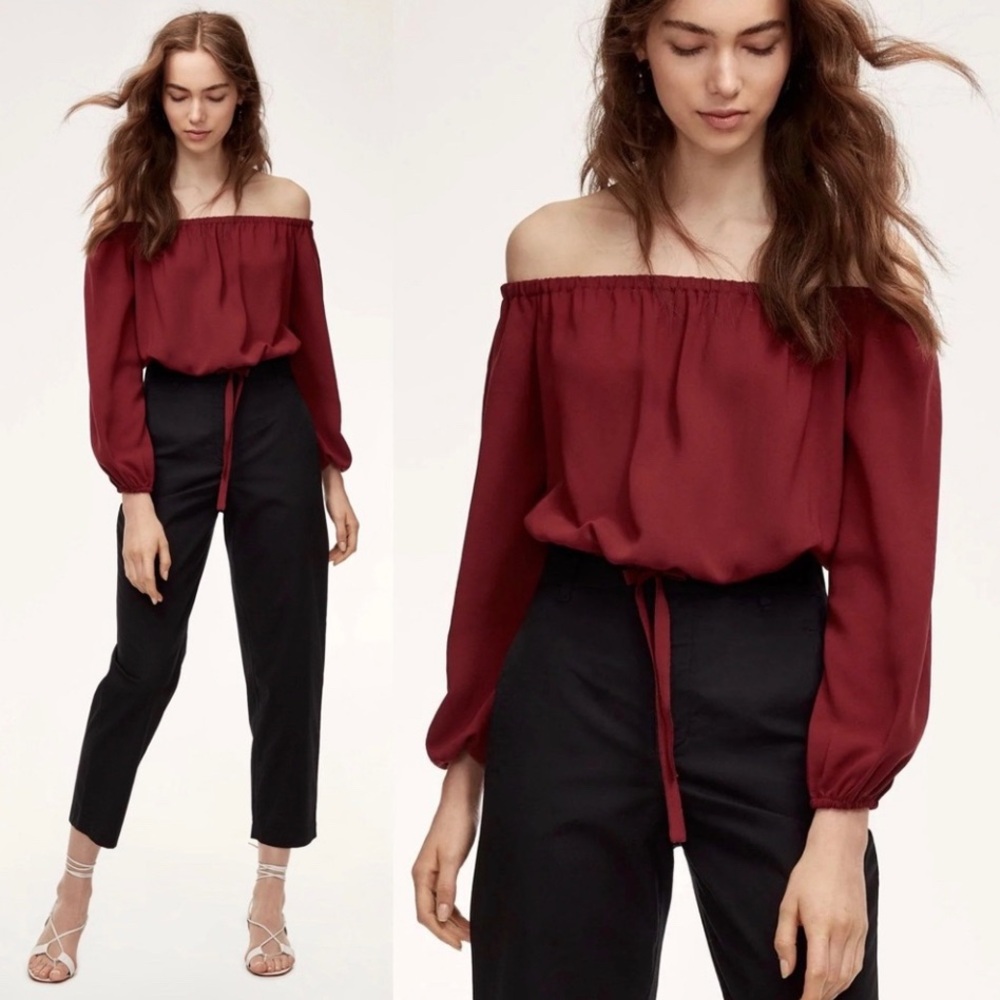 Aritzia Wilfred Eleonora Off-Shoulder Boho Burgundy Formal Fall Blouse Sz M